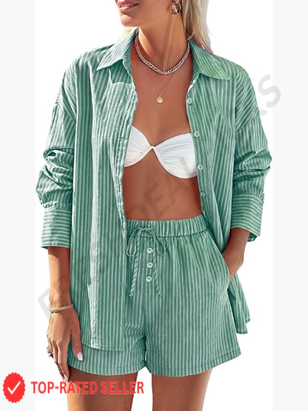 Womens 2 Piece Lounge Set Matching Pajama Shorts Long Sleeve Button Down Blouse